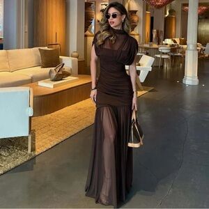Zara Combined Draped Dark Brown Midi Dress